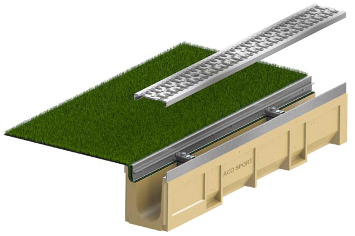 Render del canal LW100K L1000 H200 en hormigon polímero con premarca para salida vertical DN/OD 110 sin reja