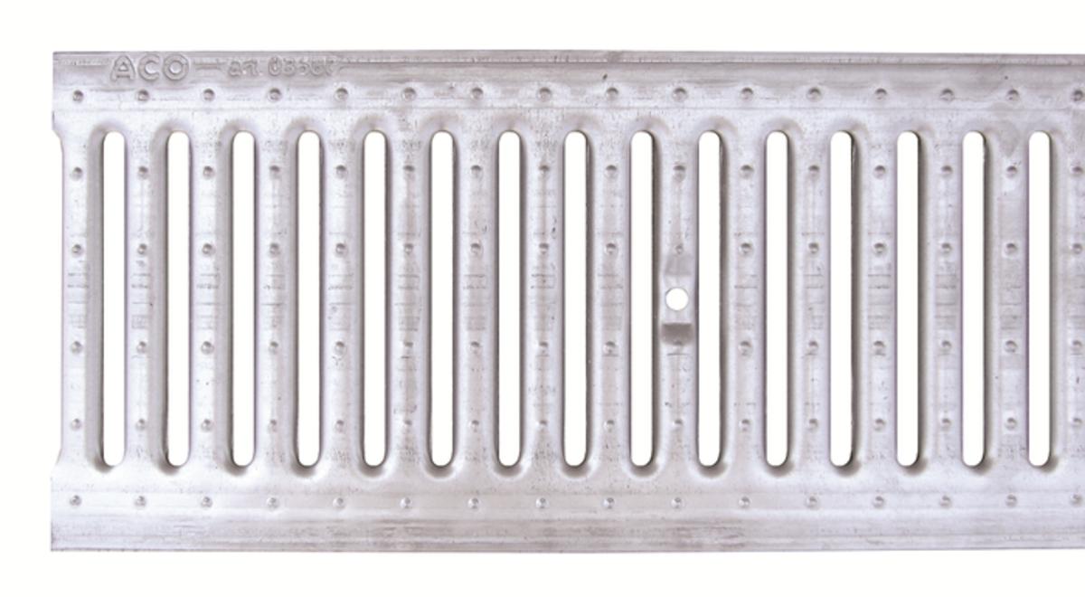 Render de la reja para canal N 150/SELF 200, reja pasarela en acero inoxidable AISI304 de dimensiones L1000 A200 H22 con sistema de fijación por clavija, clase de carga A15.