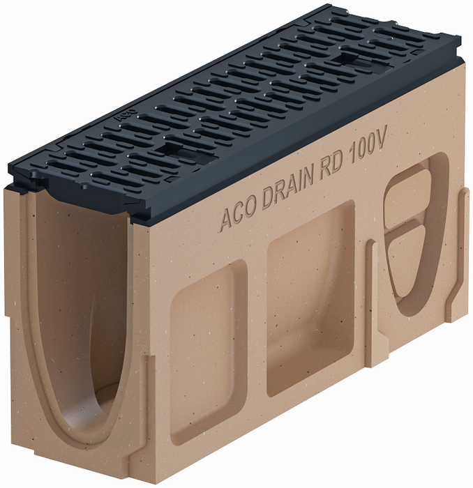 Render del canal registro MONOBLOCK RD100V 0.1 L500 H275 de hormigón polímero con reja pasarela de fundicón F900, sistema de fijación Drainlock, preformas laterales rompibles L-T-X y preforma vertical rompible