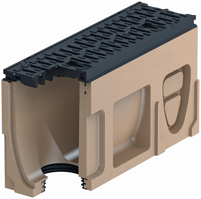 Render del canal registro MONOBLOCK RD100V 0.2 L500 H275 de hormigón polímero con reja pasarela de fundicón F900, sistema de fijación Drainlock, preformas laterales rompibles L-T-X y junta labiolaberíntica