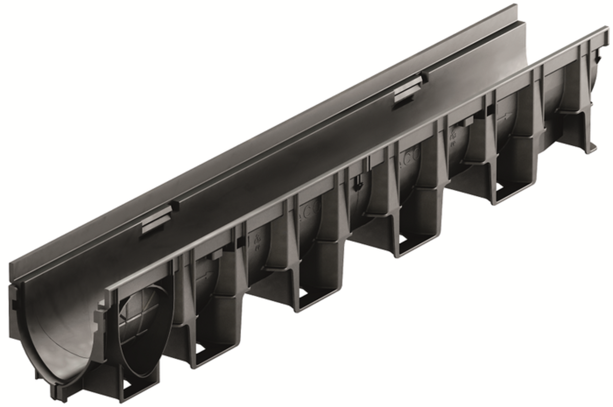 Render del canal XTRADRAIN 100 L1000 H150 en composite plásico con premarca para salida vertical DN/OD 110 con sistema de fijación Drainlock sin reja