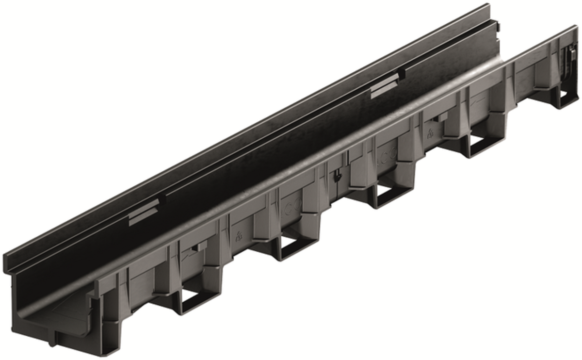 Render del  canal XTRADRAIN 100 L1000 H100 en composite plásico con premarca para salida vertical DN/OD 110 con sistema de fijación Drainlock sin reja