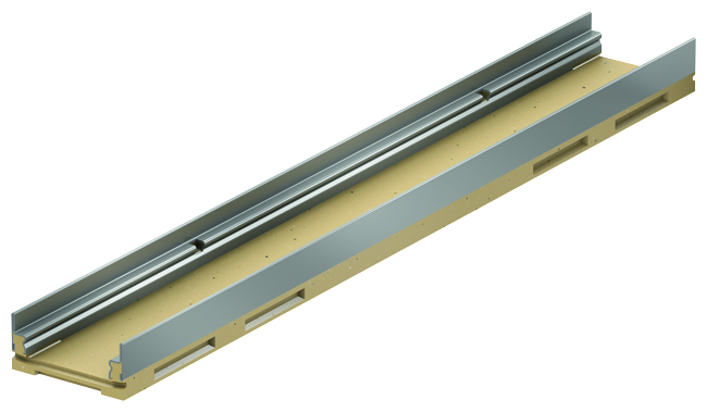 Render del canal MULTILINE V100 BA L1000 H60 de hormigón polímero sin reja, sistema de fijación Drainlock con bastidor de acero galvanizado