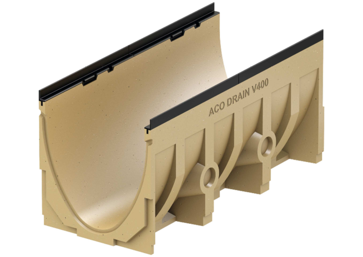 Render del canal MULTILINE V400 0.0 L1000 H480 de hormigón polímero con sistema de fijación Drainlock con bastidor en fundición sin reja