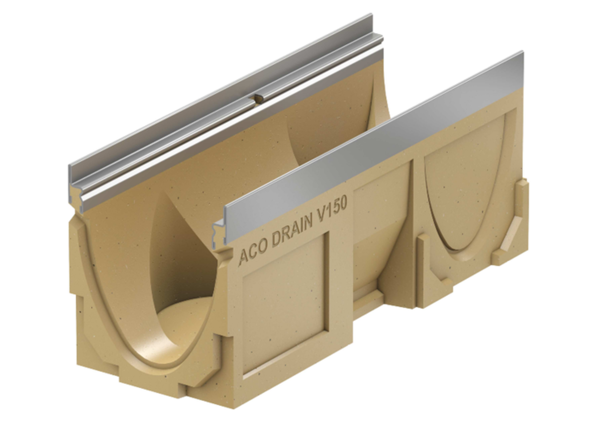 Render del canal MULTILINE V150 0.1 L500 H210 de hormigón polímero sin reja, sistema de fijación Drainlock, preformas laterales rompibles L-T-X y premarca rompible vertical DN/OD 160