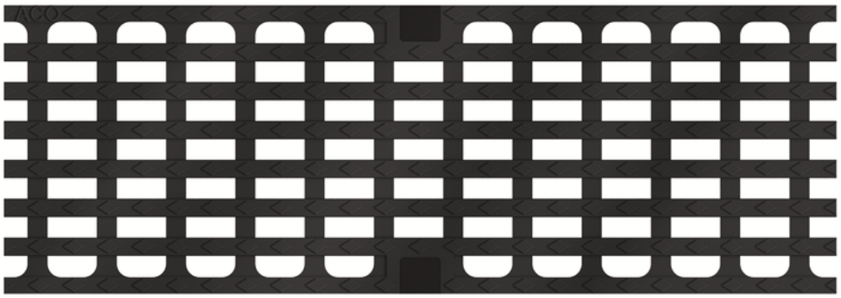Render de la reja para canal MULTIDRIAN/MULTILINE/XTRADRAIN 150, reja entramada 29X12 en fundición de dimensiones L500 A173 H21/21 con sistema de fijación Drainlock, clase de carga C250.