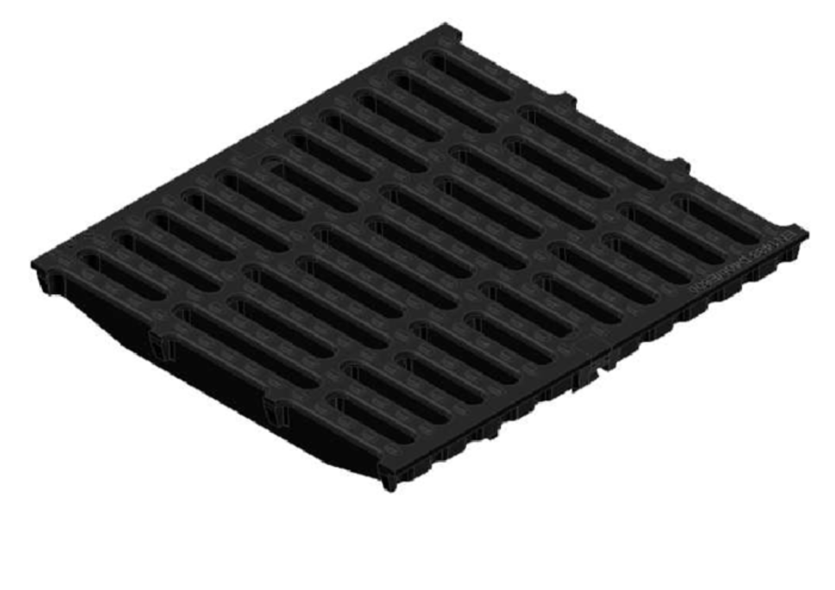 Render de la reja para canal MULTILINE 400, reja pasarela en fundición de dimensiones L500 A438 H31/50 con sistema de fijación Drainlock, clase de carga E600.