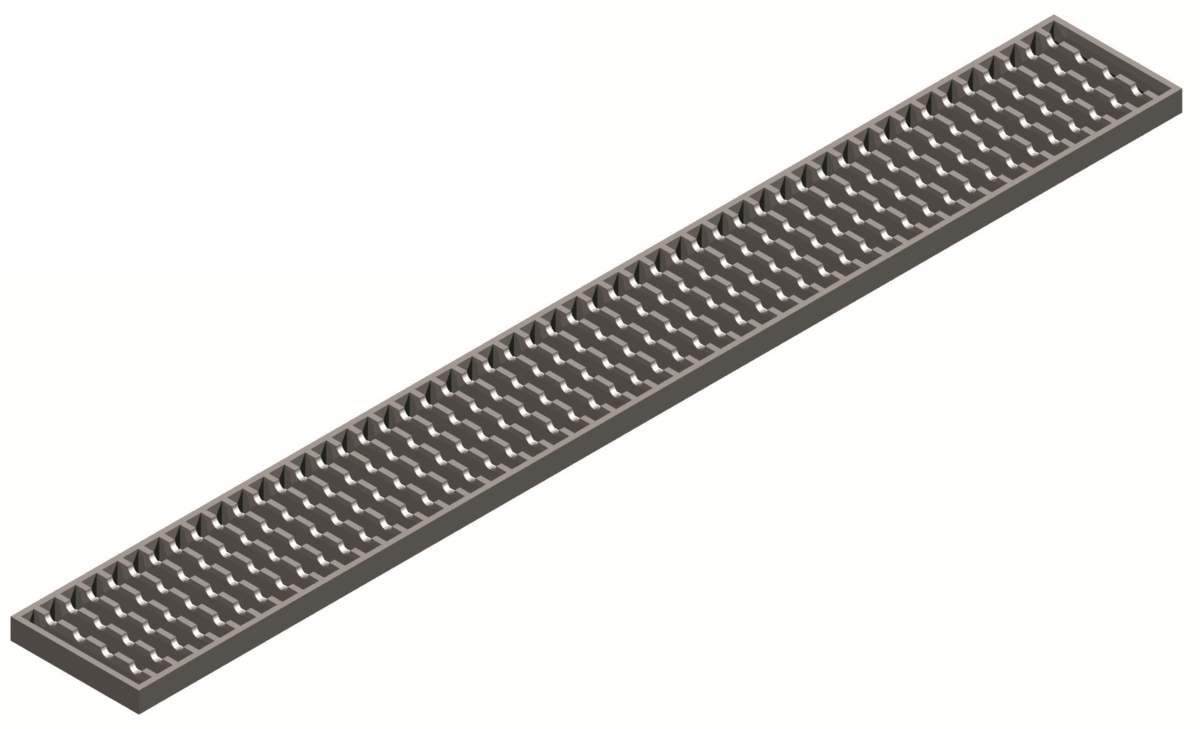 Render de la reja para canal Modular 125, reja de barras antideslizante en acero inoxidable AISI304 de dimensiones L1000 A125 H20 sin sistema de fijación, clase de carga C250.