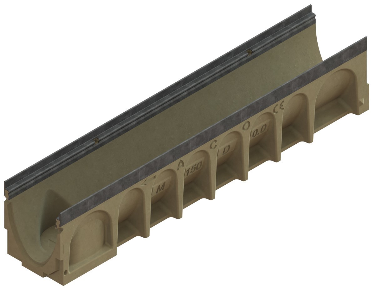 Render del canal MULTIDRAIN 150 0.0 L1000 H210 de hormigón polímero sin reja, sistema de fijación Drainlock y premarca rompible vertical DN/OD 160