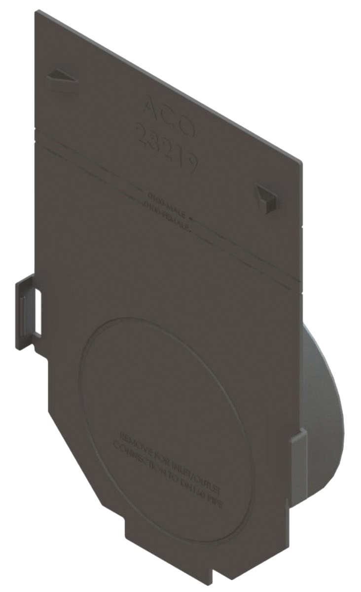 Render de la tapa inicio/final con manguito DN/OD 160 para el canal MULTILINE V150 L75 A185 H310 en polipropileno.