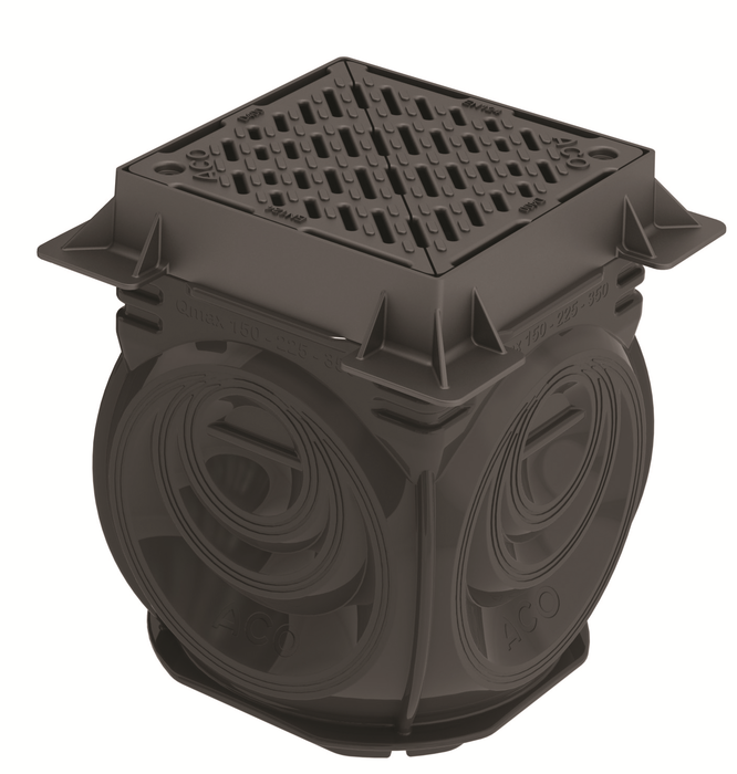 Render de unidad de inspección y registro de arqueta para canales de drenaje ACO QMAX 150/225/350 en polietileno de alta dendisdad (HDPE) y reja ranurada de fundición D400
