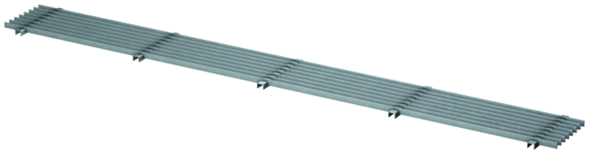 Render da grelha para canal PROFILINE/ROOFLINE, grelha de barras longitudinais em aço galvanizado da dimensões L1000 A100 H20 sem sistema de fixação, classe de carga pedonal.