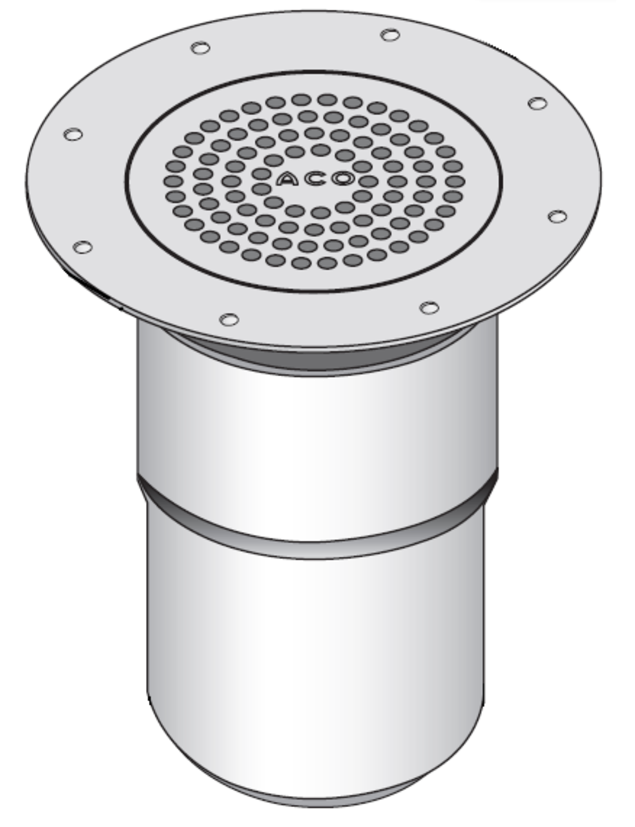 Render do sumidouro EG150 TELESCOPICO, fabricado em aço inoxidável AISI304, de dimensões Ø225 H249 com aro para fixação mecânica de tela, saída vertical DN100, com sifão, com grelha perfurada com fixação classe de carga K3.