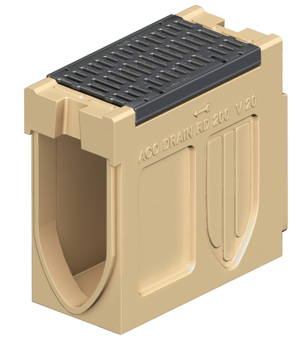 Render del canal registro MONOBLOCK RD200V 20.1 L660 H530 de hormigón polímero con reja pasarela de fundicón F900, sistema de fijación Drainlock, preformas laterales rompibles L-T-X y preforma vertical rompible