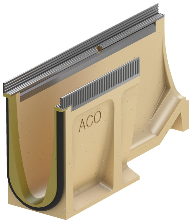 Render del canal adaptador MULTILINE SEAL IN V100 10-20 L500 H250 de hormigón polímero sin reja, sistema de fijación Drainlock con bastidor enacero galvanizado