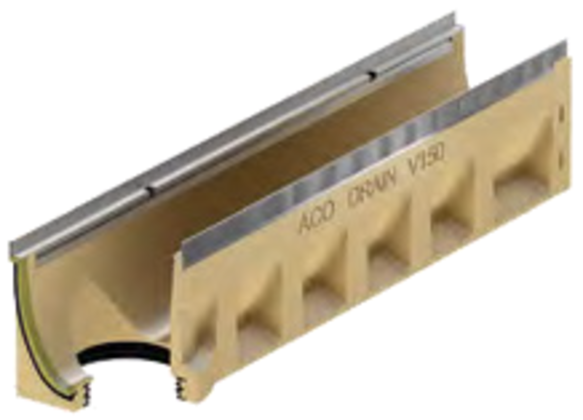 Render del canal MULTILINE SEAL IN V150 0.0.2 L500 H220 de hormigón polímero sin reja, sistema de fijación Drainlock y junta labiolaberintica vertical DN/OD 110 con mastidor en acero galvanizado