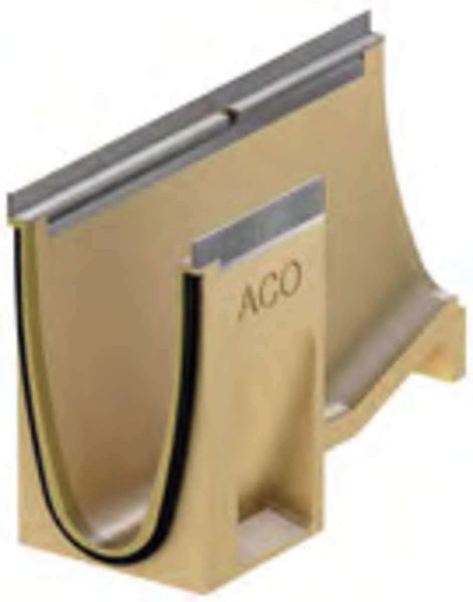 Render del canal adaptador MULTILINE SEAL IN V150 10-20 L500 H310 de hormigón polímero sin reja, sistema de fijación Drainlock con bastidor de acero galvanizado