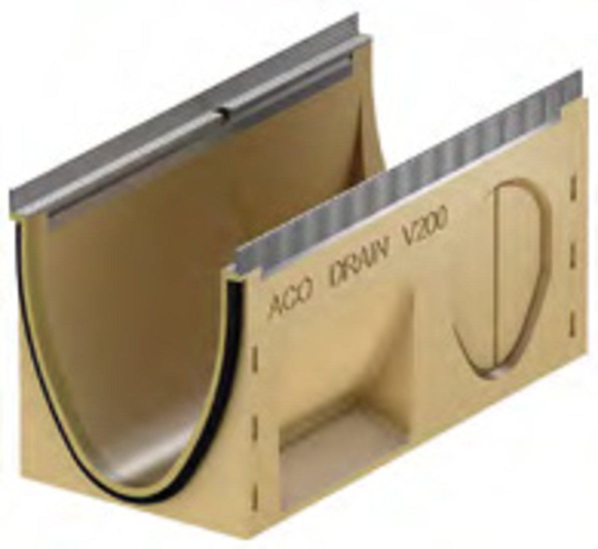 Render del canal MULTILINE SEAL IN V200 0.1 L500 H265 de hormigón polímero sin reja, sistema de fijación Drainlock con bastidor en acero galvanizado y preformas laterales rompibles L-T-X