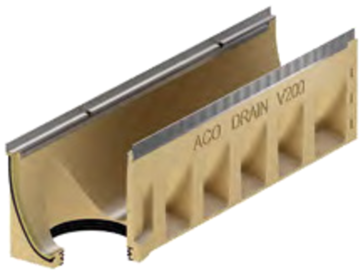Render del canal MULTILINE SEAL IN V200 0.0.2 L1000 H275 de hormigón polímero sin reja, sistema de fijación Drainlock con bastidor de acero galvanizado y junta labiolaberintica vertical DN/OD 160