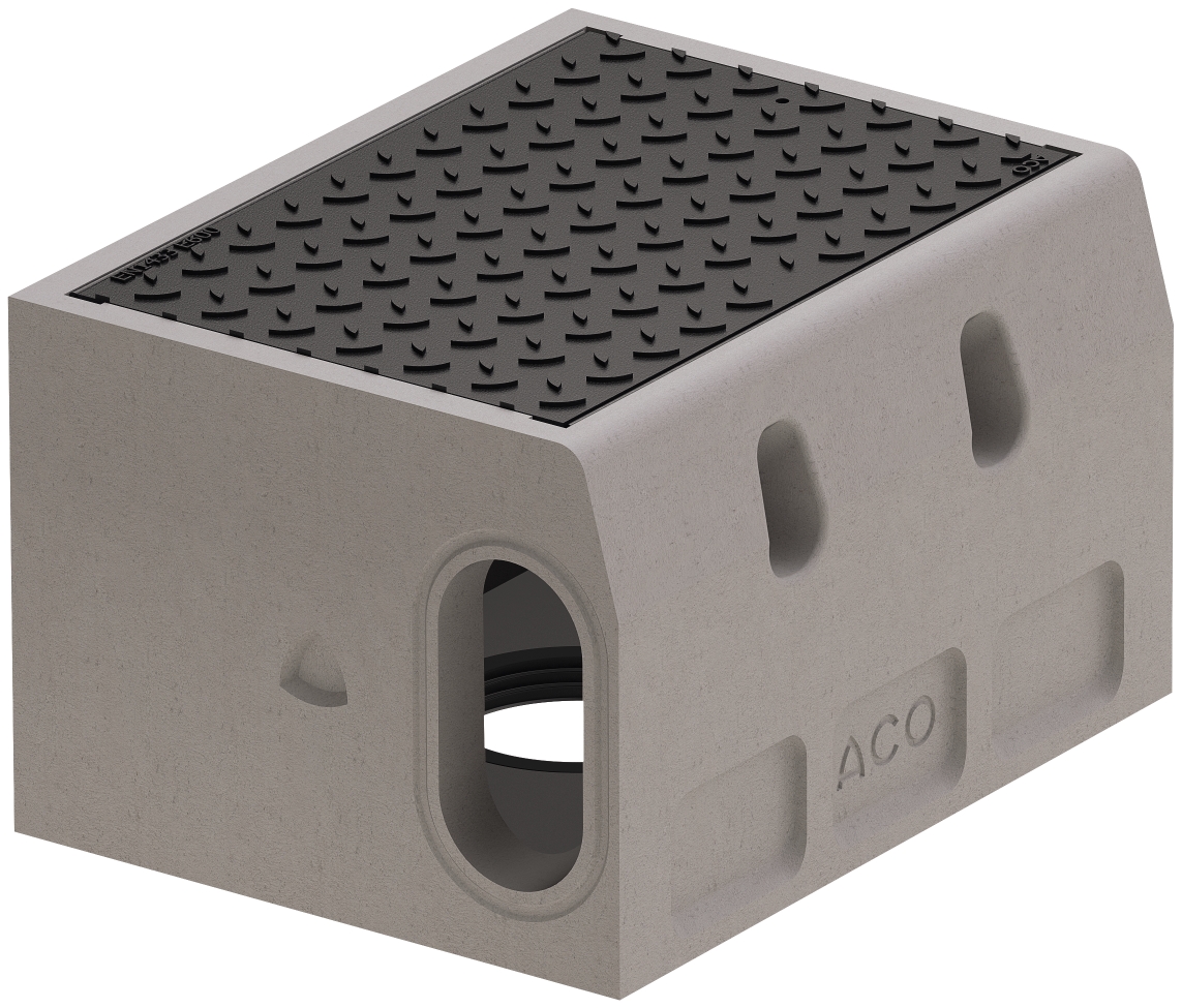 Render cabeça sumidouro com saida vertical DN160 para canal Kerbdrain HB305 D400