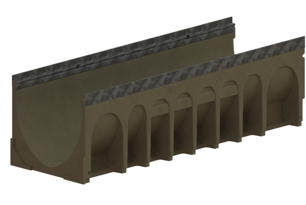 Render del canal MULTIDRAIN 300 L1000 H300 de hormigón polímero sin reja, sistema de fijación Drainlock y premarca rompible vertical DN/OD 160