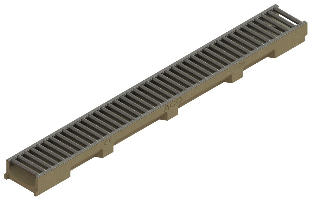 Render del conjunto de canal SELF 100 L1000 H55 en hormigon polímero con premarca para salida vertical DN/OD 110 y reja pasarela en acero inoxidable A15 con sistema de fijación por clip