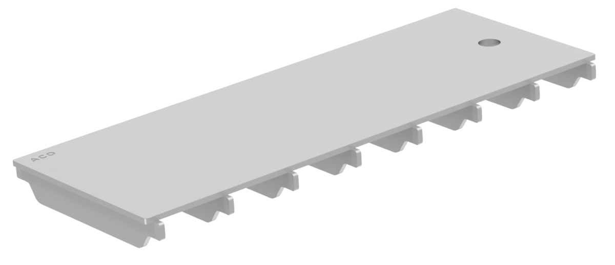 Render de la reja para canal Modular 200, reja ranurada en acero inoxidable AISI304 de dimensiones L500 A198 H30/35 sin sistema de fijación, clase de carga B125.