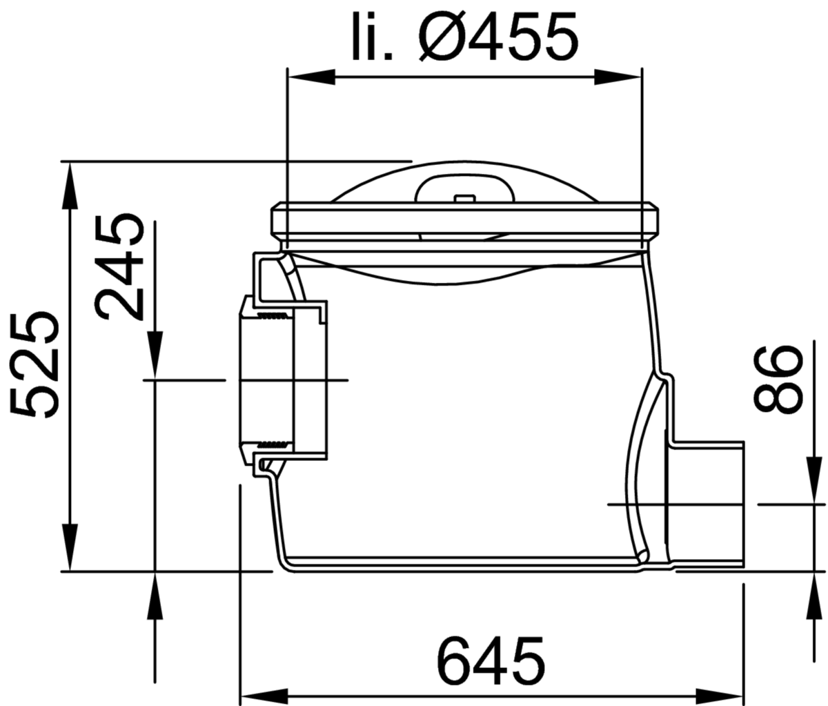 Esquema técnico do câmara para recolha de amostras com ligação DN150 e saida horizontal, realizado em polietileno de alta denisdade (HDPE). De dimensões Ø455 H525.