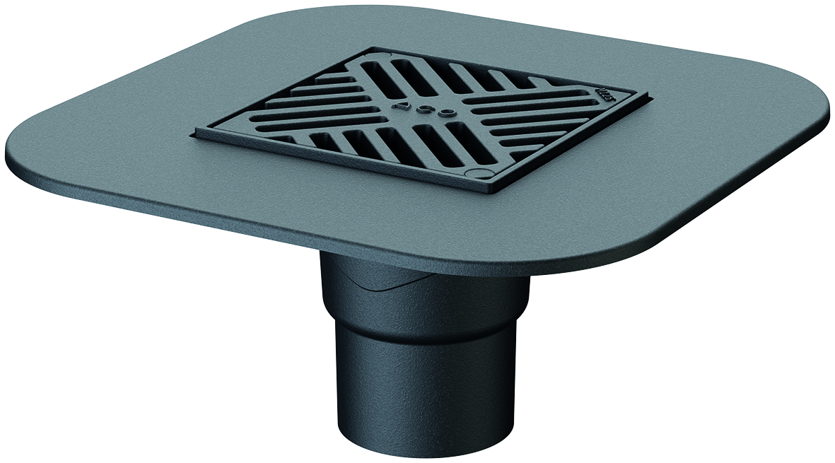 Render do sumidouro ACO PARKDRAIN, realizado em ferro fundido. Grelha de 200x200 mm, altura total exterior de 205 mm, saída vertical DN100 com marco primetral de 415X415 mm para classe de carga M125 ref.59351002