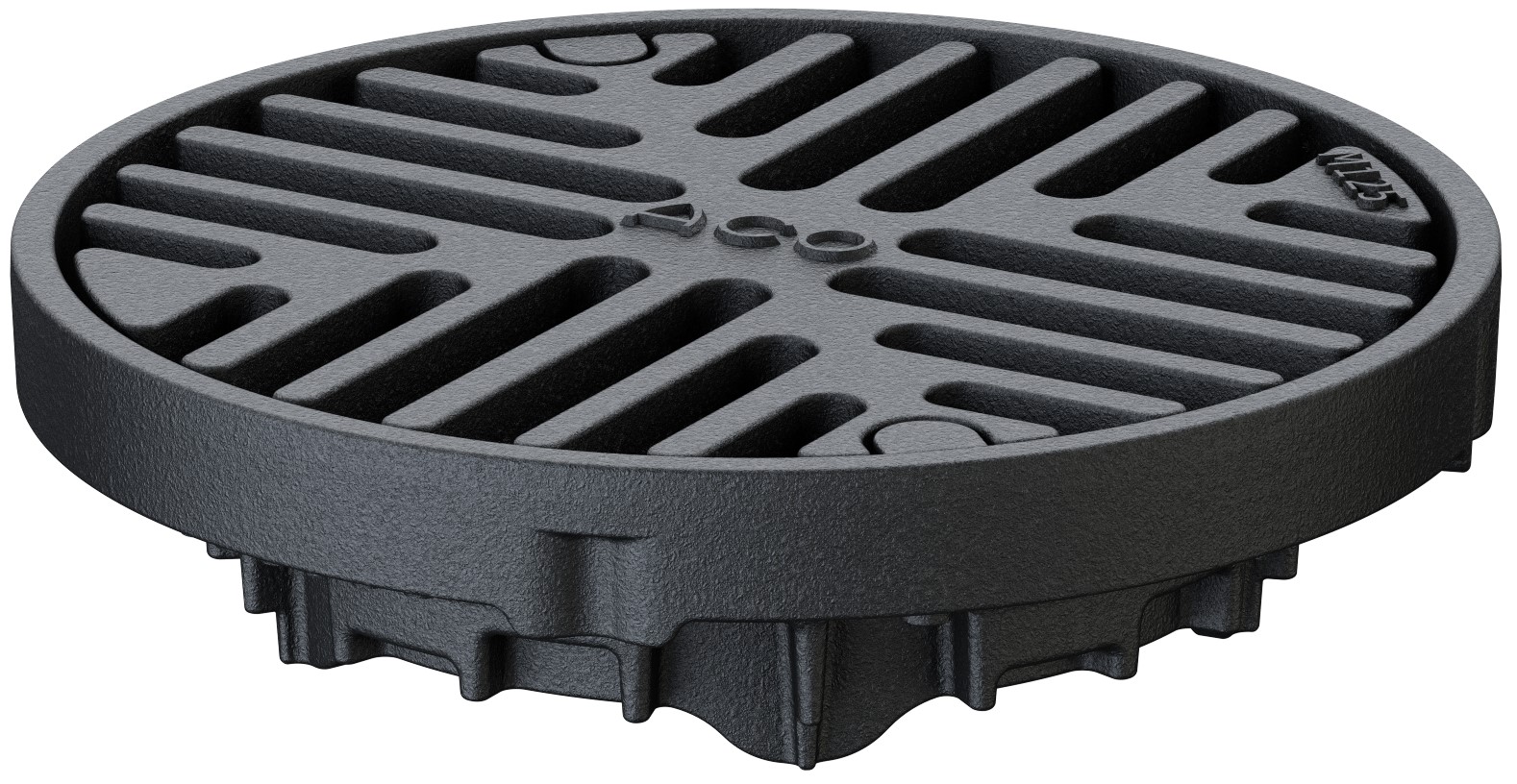 Render da rrelha para sumidouro tipo ACO GRAVITY DN70-100, fabricada em ferro fundido, com un marco perimetral de Ø200mm y 45 mm de altura. Grelha tipo slot com largura visível de ø186 mm e ranhuras de 10 mm para classe de carga M125, com fixação
