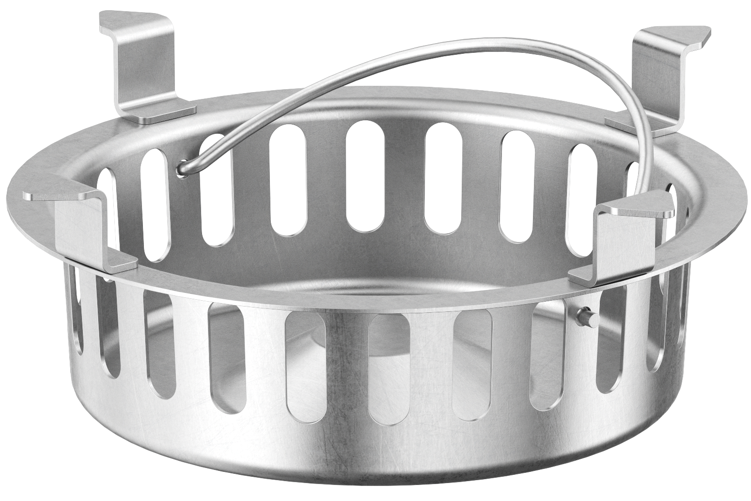 Render do cesto para sumidouros ACO GRAVITY de saída vertical DN125-150, altura exterior 42 mm, realizado en aço inoxidável AISI 304. Capacidade de 0,5 litros.
