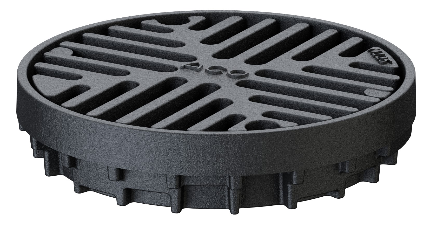 Render da Grelha para sumidouro tipo ACO GRAVITY DN125-150, fabricada em ferro fundido, com un marco perimetral de Ø200mm y 44 mm de altura. Grelha tipo slot com largura visível de ø186 mm e ranhuras de 10,  para classe de carga M125