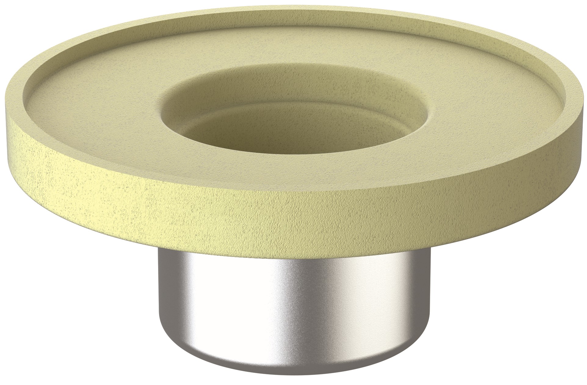 Render do isolamento de poliuretano para fundo sumidouro de coberturas ACO GRAVITY com saída vertical DN70-90. Isolamento com folha protetora de aço inoxidábel para desempenho como escudo RF ref.70332003