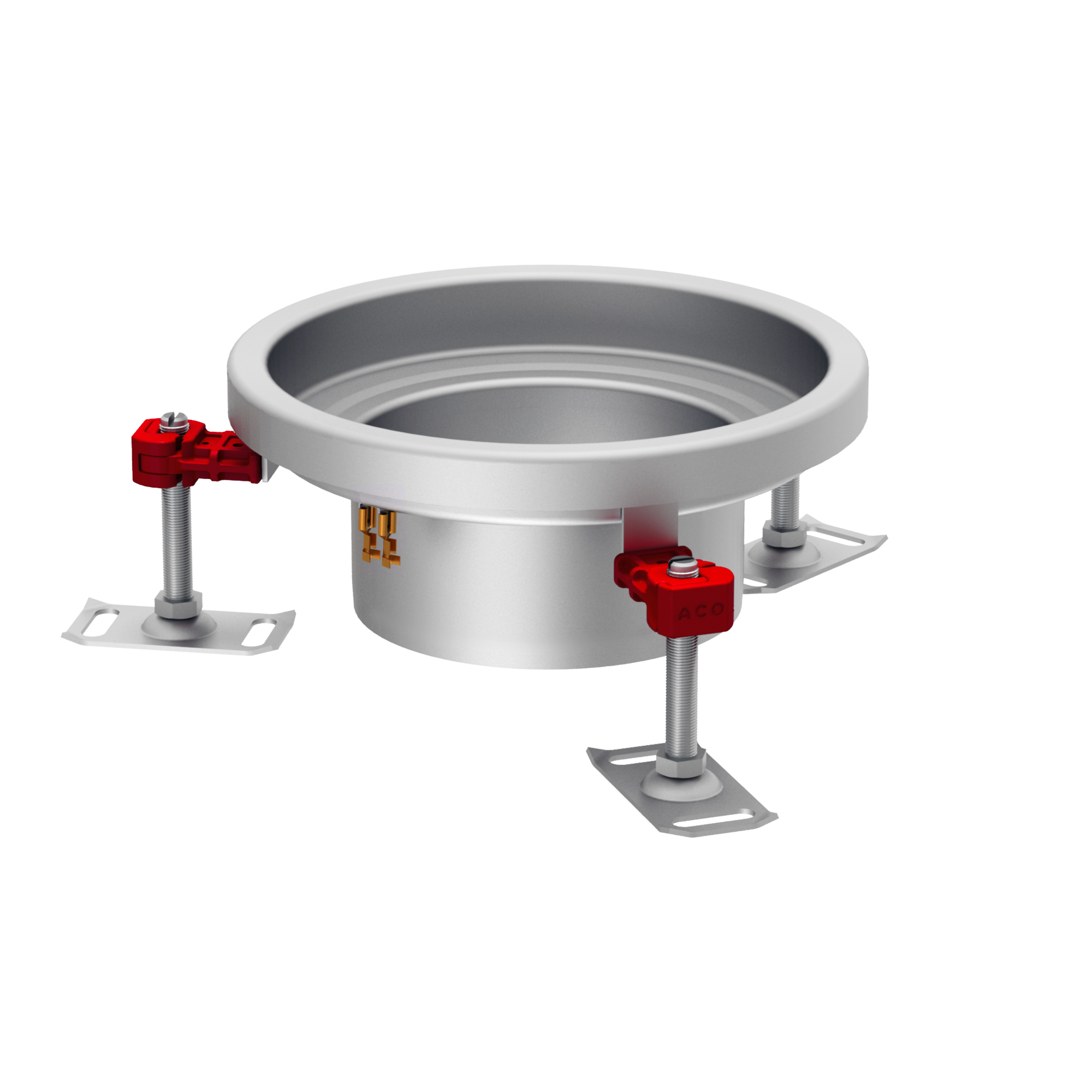 Render do corpo de ralo higiênico ACO EG Ø230 redondo em aço inoxidável AISI304 com enchimento da flange de PUR, com conexão Ø142 para fundo Ø157.