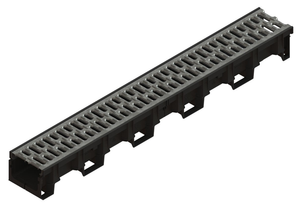 Render del conjunto de canal XTRADRAIN 100 L1000 H100 en composite plásico con premarca para salida vertical DN/OD 110 y reja pasarela en acero galvanizado A15 con sistema de fijación Drainlock