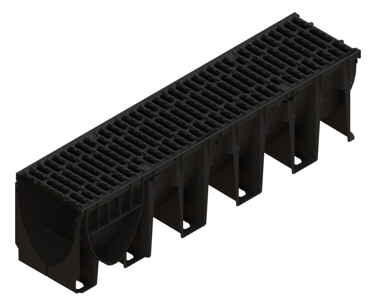 Render del conjunto de canal XTRADRAIN 200 L1000 H265 en composite plásico con premarca para salida vertical DN/OD 200 y reja pasarela en fundición C250 con sistema de fijación Drainlock