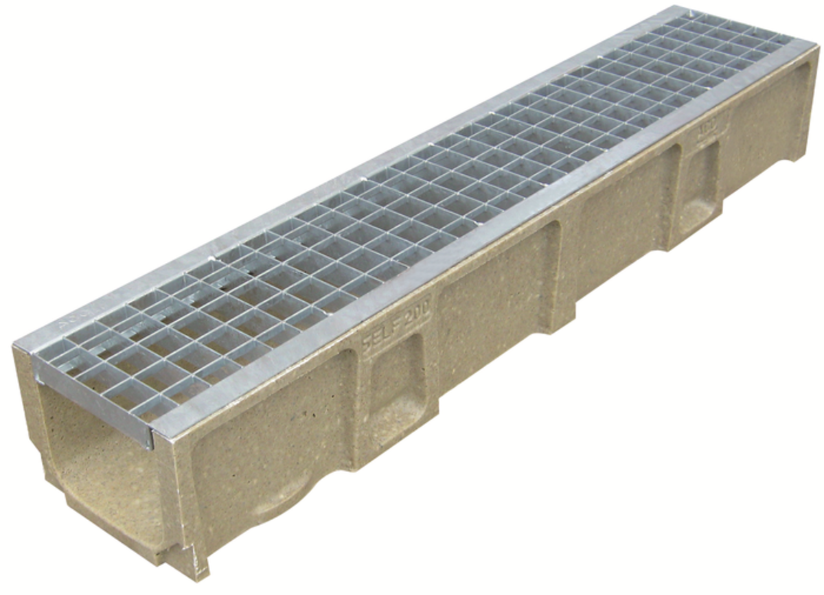 Render del conjunto de canal SELF 200 L1000 H150 en hormigon polímero con premarca para salida vertical DN/OD 160 y reja entramada 30x30 en acero galvanizado B125 con sistema de fijación por Springlock