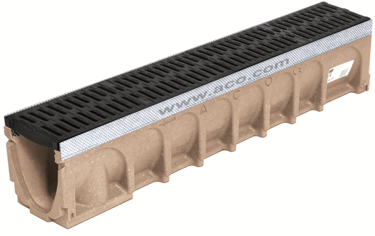 Render do canal MULTIDRAIN 150 0.0 L1000 H210 em betão polímerico com grelha passarela em fundição, sistema de fixação Drainlock e pré-marca rompivel vertical DN/OD 160