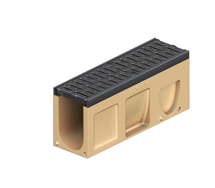Render del canal registro MONOBLOCK PD100V de hormigón polímero con reja pasarela de fundicón D400, sistema de fijación Drainlock y preformas laterales rompibles L-T-X