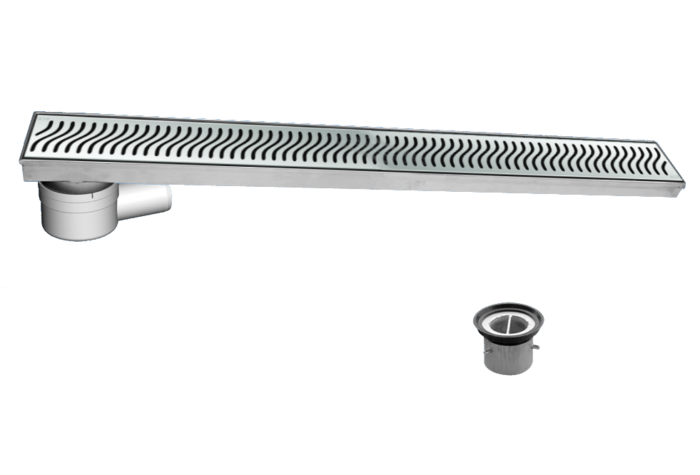 Render do conjunto do canal CLASSIC em aço inoxidável AISI304 com grelha flag K3 e cazo com saida vertical DN/OD 50
