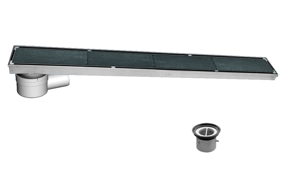Render do conjunto do canal CLASSIC em aço inoxidável AISI304 com grelha rebaixada K3 e cazo com saida vertical DN/OD 50