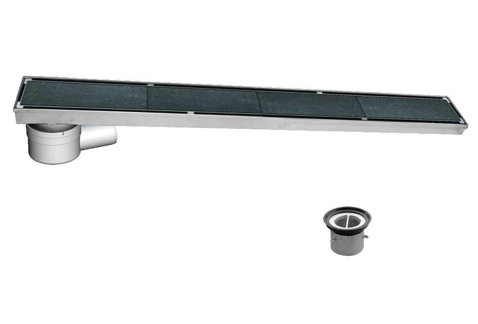 Render del conjunto de canal CLASSIC en acero inoxidable AISI304 con reja rellenable K3 y con cazoleta con salida horizontal DN/OD 50