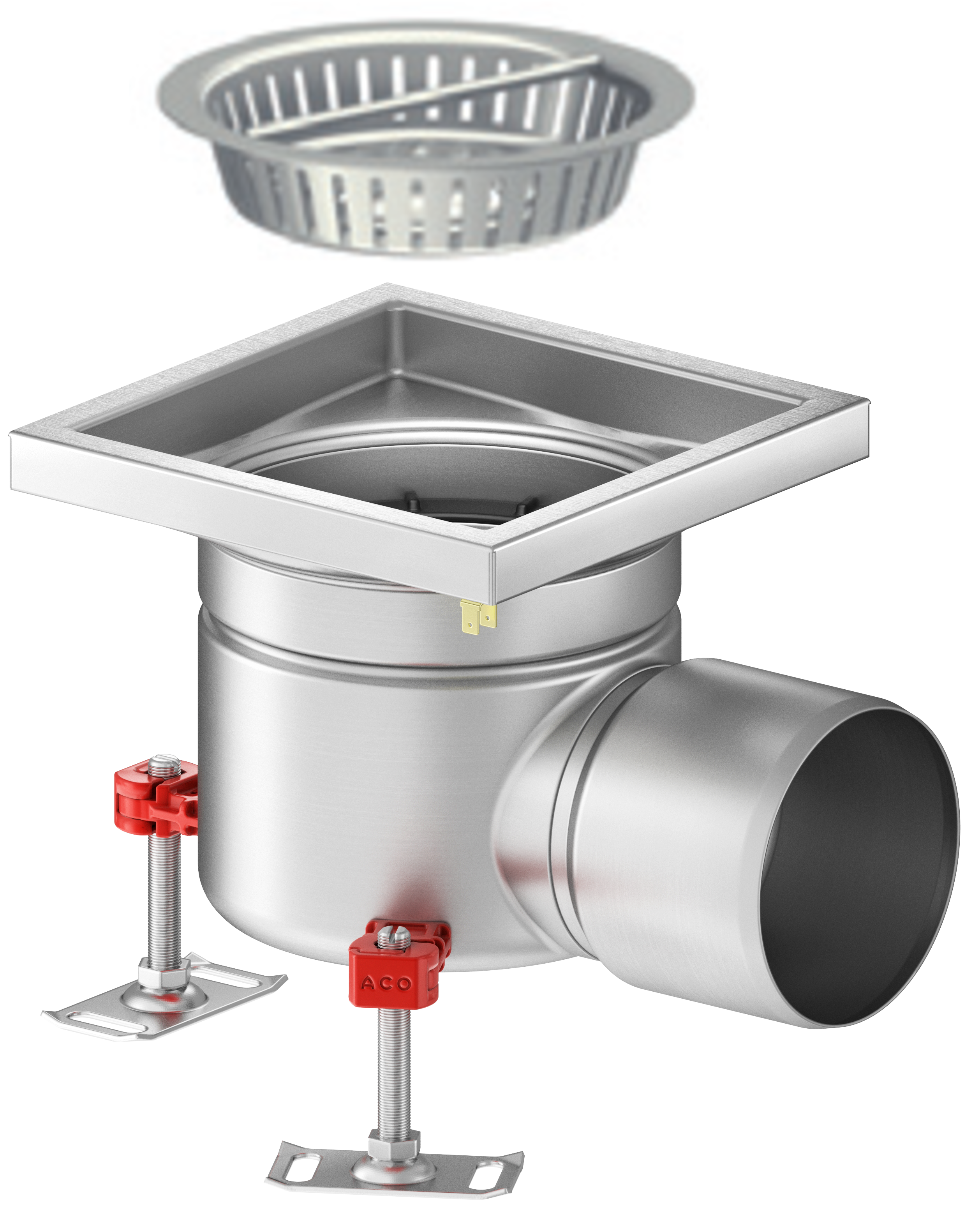 Render em formato .jpg do conjunto ralo higiênico ACO EG 200x200 quadrado em aço inoxidável AISI304 com enchimento da flange de PUR, fundo Ø157 com saída horizontal DN110. Incluí cesto. Caudal: 3,5l/s.