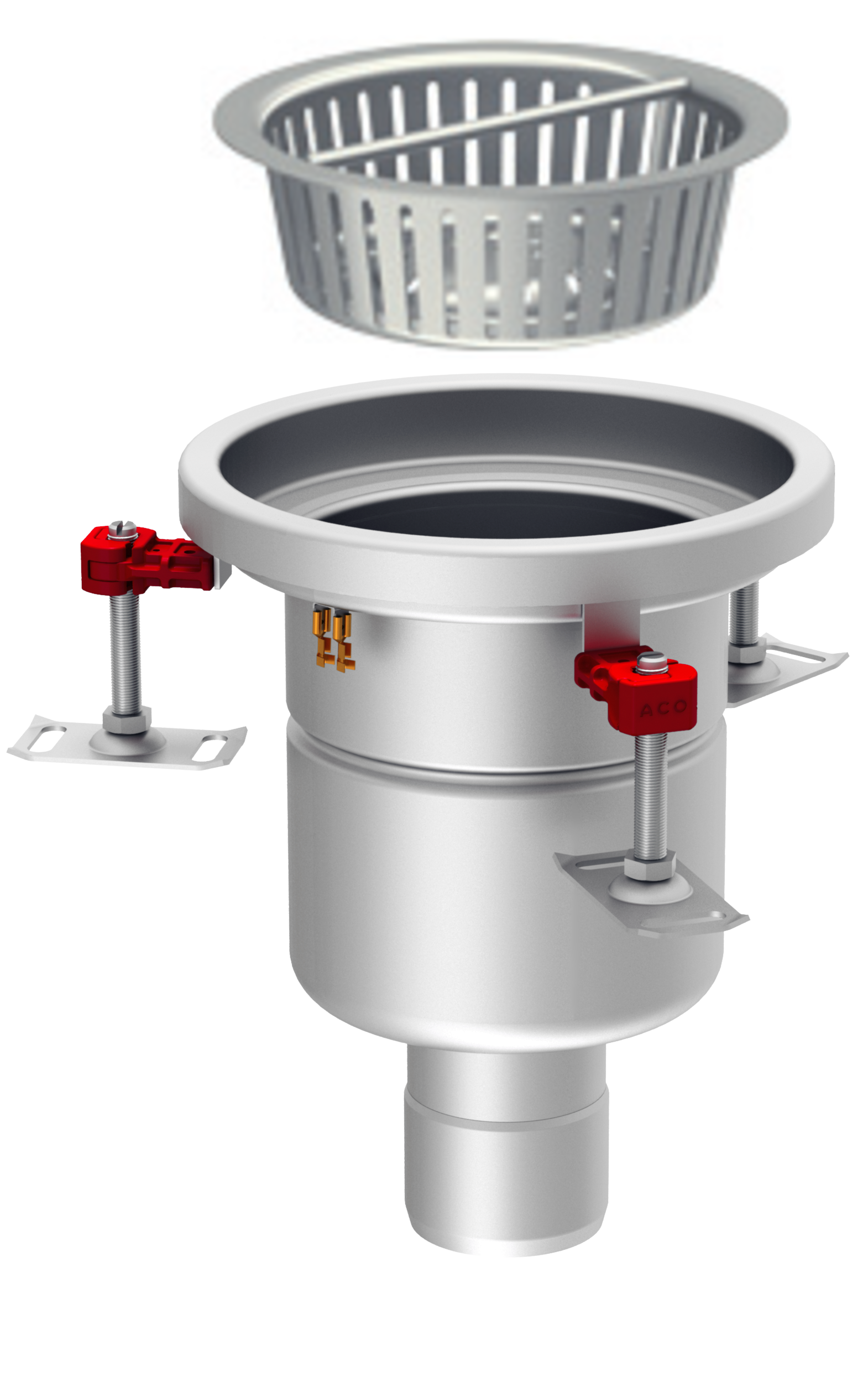 Render em formato .jpg do conjunto ralo higiênico ACO EG Ø230 redondo em aço inoxidável AISI304 com enchimento da flange de PUR, fundo Ø157 com saída vertical DN75. Incluí cesto. Caudal: 2,7l/s.