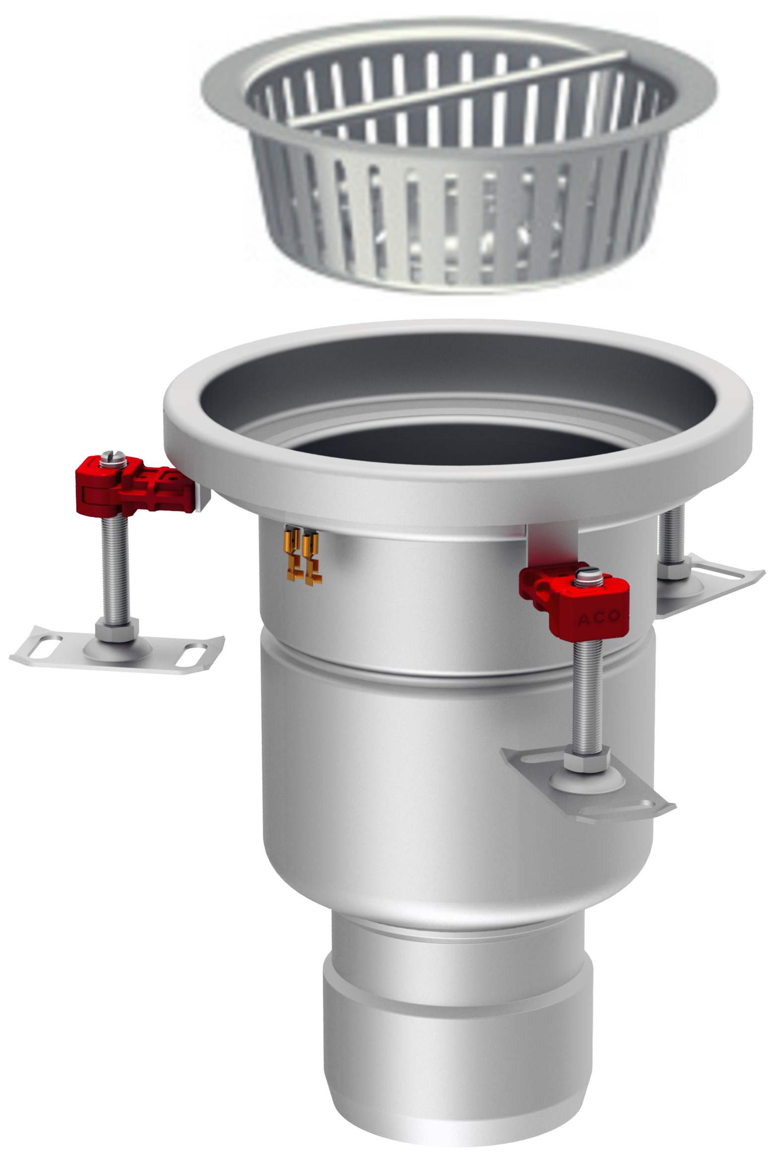Render em formato .jpg do conjunto ralo higiênico ACO EG Ø230 redondo em aço inoxidável AISI304 com enchimento da flange de PUR, fundo Ø157 com saída vertical DN110. Incluí cesto. Caudal: 3,5l/s.