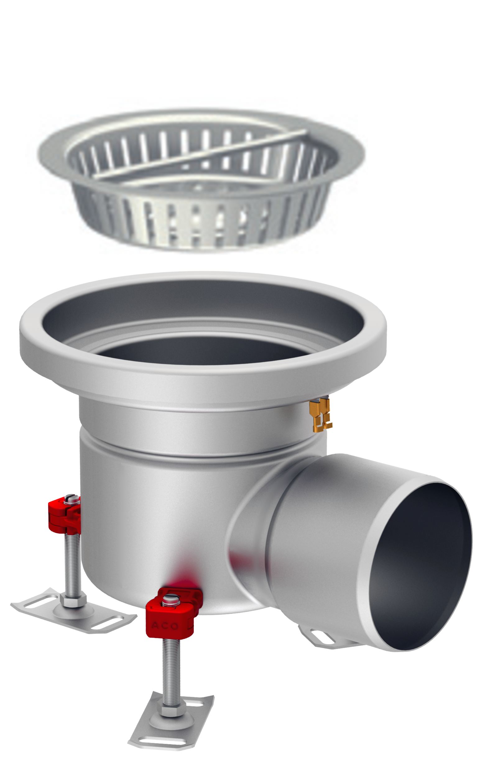 Render em formato .png do conjunto ralo higiênico ACO EG Ø230 redondo em aço inoxidável AISI304 com enchimento da flange de PUR, fundo Ø157 com saída horizontal DN110. Incluí cesto. Caudal: 2,8l/s.