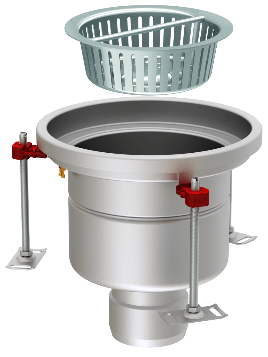 Render em formato .png do conjunto ralo higiênico ACO EG Ø300 redondo em aço inoxidável AISI304 com enchimento da flange de PUR, fundo Ø218 com saída vertical DN110. Incluí cesto. Caudal: 5l/s.