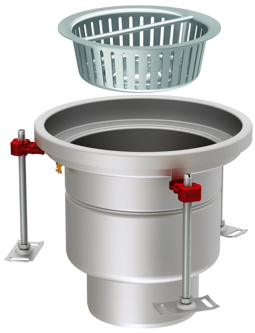 Render em formato .png do conjunto ralo higiênico ACO EG Ø300 redondo em aço inoxidável AISI304 com enchimento da flange de PUR, fundo Ø218 com saída vertical DN160. Incluí cesto. Caudal: 5l/s.