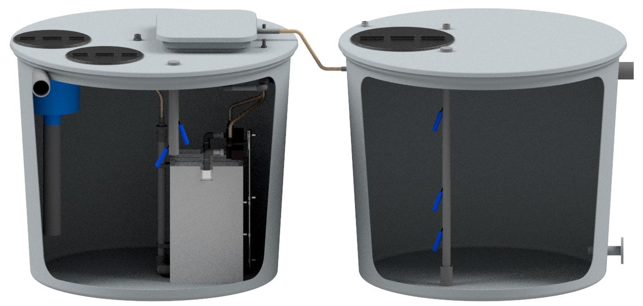 Renderização do GREM. Estacão de reciclagem de águas cinzentas em formato tanque, vertical e instalação em superfície.