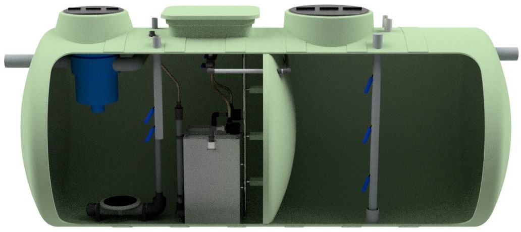 Renderização do GREM. Estacão de reciclagem de águas cinzentas em formato cisterna, horizontal e instalação subterrânea.